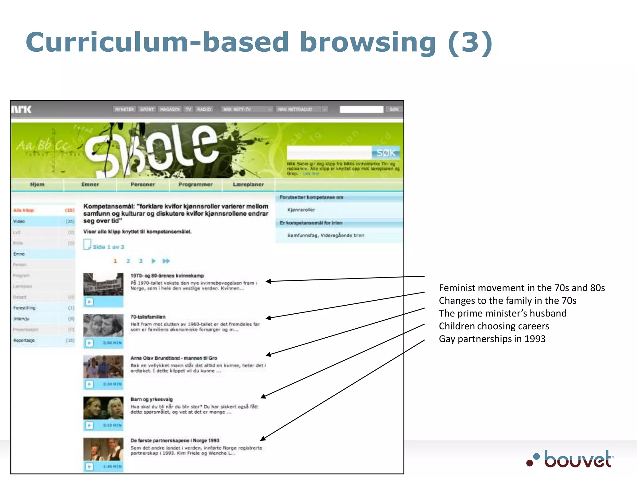 Curriculum-based browsing (3)Feminist movement in the 70s and 80sChanges to the family in the 70sThe prime minister’s husbandChildren choosing careersGay partnerships in 1993