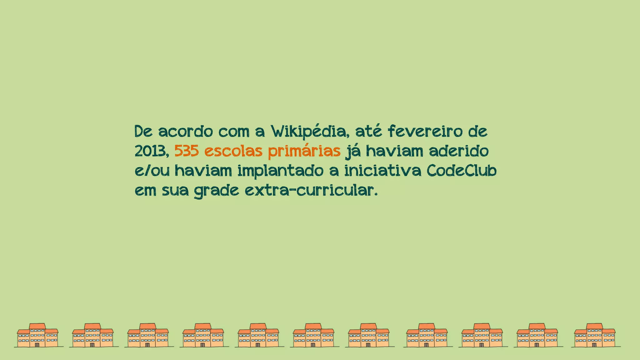 De acordo com a Wikipédia, até fevereiro de
2013, 535 escolas primárias já haviam aderido
e/ou haviam implantado a iniciativa CodeClub
em sua grade extra-curricular.

 