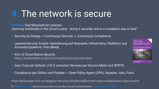 | CODE DAYS 2020 | Enterprise Cloud-native ist das Neue Normal | @LeanderReimer #cloudnativenerd #qaware
4. The network is secure
Problem: Das Netzwerk ist unsicher.  
„Running workloads in the cloud is easy - doing it securely and in a compliant way is hard.“
• Security by Design -> Continuous Security -> Continuous Compliance.
• Layered-Security Ansatz: Absicherung auf Netzwerk, Infrastruktur, Plattform und
Anwendungsebene. Free eBook.
• 4C’s of Cloud Native Security 
https://kubernetes.io/docs/concepts/security/overview/
• Zero Trust per Default: mTLS zwischen Services per Service Mesh und SPIFFE.
• Compliance per GitSec und Phylake -> Open Policy Agent (OPA), Aquasec, Istio, Falco
19
https://landscape.cncf.io/category=security-compliance&format=card-mode&license=open-source
 
