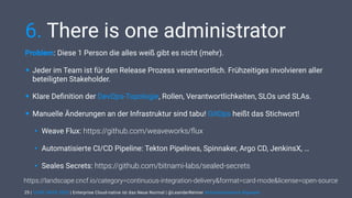 | CODE DAYS 2020 | Enterprise Cloud-native ist das Neue Normal | @LeanderReimer #cloudnativenerd #qaware
6. There is one administrator
Problem: Diese 1 Person die alles weiß gibt es nicht (mehr).
• Jeder im Team ist für den Release Prozess verantwortlich. Frühzeitiges involvieren aller
beteiligten Stakeholder.
• Klare Deﬁnition der DevOps-Topologie, Rollen, Verantwortlichkeiten, SLOs und SLAs.
• Manuelle Änderungen an der Infrastruktur sind tabu! GitOps heißt das Stichwort!
• Weave Flux: https://github.com/weaveworks/ﬂux
• Automatisierte CI/CD Pipeline: Tekton Pipelines, Spinnaker, Argo CD, JenkinsX, …
• Seales Secrets: https://github.com/bitnami-labs/sealed-secrets
25
https://landscape.cncf.io/category=continuous-integration-delivery&format=card-mode&license=open-source
 