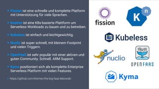 • Fission ist eine schnelle und komplette Platform
mit Unterstützung für viele Sprachen.
• Knative ist eine K8s-basierte Plattform um
Serverless Workloads zu bauen und zu betreiben.
• Kubeless ist einfach und leichtgewichtig.
• Nuclio ist super schnell, mit kleinem Footprint
und vielen Triggern.
• OpenFaaS ist sehr populär mit einer aktiven und
guten Community. Schnell. ARM Support.
• Kyma positioniert sich als komplette Enterprise
Serverless Platform mit vielen Features.
• https://github.com/lreimer/the-big-faas-lebowski
 