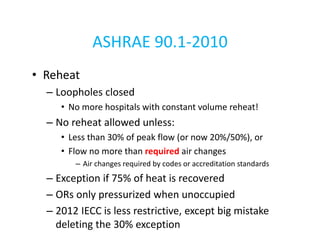 ASHRAE 90.1-2010
• Reheat
– Loopholes closed
• No more hospitals with constant volume reheat!

– No reheat allowed unless:
• Less than 30% of peak flow (or now 20%/50%), or
• Flow no more than required air changes
– Air changes required by codes or accreditation standards

– Exception if 75% of heat is recovered
– ORs only pressurized when unoccupied
– 2012 IECC is less restrictive, except big mistake
deleting the 30% exception

 