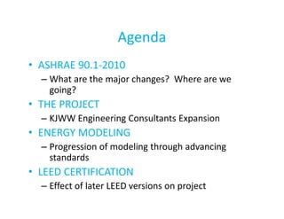 Agenda
• ASHRAE 90.1-2010
– What are the major changes? Where are we
going?

• THE PROJECT
– KJWW Engineering Consultants Expansion

• ENERGY MODELING
– Progression of modeling through advancing
standards

• LEED CERTIFICATION
– Effect of later LEED versions on project

 