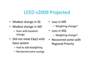LEED v2009 Projected
• Modest change in SS
• Modest change in WE

• Loss in MR

– Even with baseline
change

• Loss in IEQ

• Did not meet EAp2 with
base system
– Had to add daylighting
– Recovered some savings

– Weighting change?
– Weighting change?

• Recovered some with
Regional Priority

 