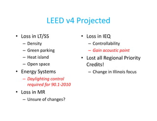 LEED v4 Projected
• Loss in LT/SS
–
–
–
–

Density
Green parking
Heat island
Open space

• Energy Systems
– Daylighting control
required for 90.1-2010

• Loss in MR
– Unsure of changes?

• Loss in IEQ
– Controllability
– Gain acoustic point

• Lost all Regional Priority
Credits!
– Change in Illinois focus

 