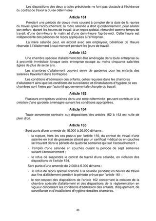 36
Les dispositions des deux articles précédents ne font pas obstacle à l'échéance
du contrat de travail à durée déterminée.
Article 161
Pendant une période de douze mois courant à compter de la date de la reprise
du travail après l'accouchement, la mère salariée a droit quotidiennement, pour allaiter
son enfant, durant les heures de travail, à un repos spécial, rémunéré comme temps de
travail, d'une demi-heure le matin et d'une demi-heure l'après-midi. Cette heure est
indépendante des périodes de repos appliquées à l'entreprise.
La mère salariée peut, en accord avec son employeur, bénéficier de l'heure
réservée à l'allaitement à tout moment pendant les jours de travail.
Article 162
Une chambre spéciale d'allaitement doit être aménagée dans toute entreprise ou
à proximité immédiate lorsque cette entreprise occupe au moins cinquante salariées
âgées de plus de seize ans.
Les chambres d'allaitement peuvent servir de garderies pour les enfants des
salariées travaillant dans l'entreprise.
Les conditions d'admission des enfants, celles requises dans les chambres
d'allaitement ainsi que les conditions de surveillance et d'installations d'hygiène de ces
chambres sont fixées par l'autorité gouvernementale chargée du travail.
Article 163
Plusieurs entreprises voisines dans une zone déterminée peuvent contribuer à la
création d'une garderie aménagée suivant les conditions appropriées.
Article 164
Toute convention contraire aux dispositions des articles 152 à 163 est nulle de
plein droit.
Article 165
Sont punis d'une amende de 10.000 à 20.000 dirhams :
- la rupture, hors les cas prévus par l'article 159, du contrat de travail d'une
salariée en état de grossesse attesté par un certificat médical ou en couches
se trouvant dans la période de quatorze semaines qui suit l'accouchement ;
- l'emploi d'une salariée en couches durant la période de sept semaines
suivant l'accouchement ;
- le refus de suspendre le contrat de travail d'une salariée, en violation des
dispositions de l'article 154.
Sont punis d'une amende de 2.000 à 5.000 dirhams :
- le refus de repos spécial accordé à la salariée pendant les heures de travail
aux fins d'allaitement pendant la période prévue par l'article 161 ;
- le non-respect des dispositions de l'article 162 concernant la création de la
chambre spéciale d'allaitement et des dispositions de la réglementation en
vigueur concernant les conditions d'admission des enfants, d'équipement, de
surveillance et d'installations d'hygiène desdites chambres.
 