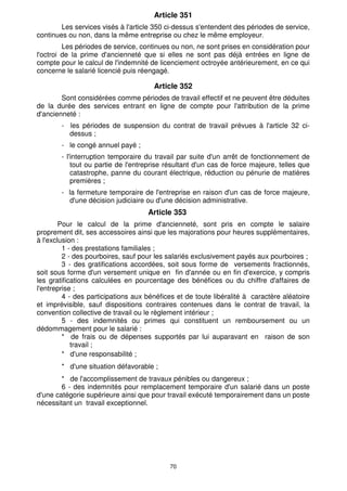 70
Article 351
Les services visés à l'article 350 ci-dessus s'entendent des périodes de service,
continues ou non, dans la même entreprise ou chez le même employeur.
Les périodes de service, continues ou non, ne sont prises en considération pour
l'octroi de la prime d'ancienneté que si elles ne sont pas déjà entrées en ligne de
compte pour le calcul de l'indemnité de licenciement octroyée antérieurement, en ce qui
concerne le salarié licencié puis réengagé.
Article 352
Sont considérées comme périodes de travail effectif et ne peuvent être déduites
de la durée des services entrant en ligne de compte pour l'attribution de la prime
d'ancienneté :
- les périodes de suspension du contrat de travail prévues à l'article 32 ci-
dessus ;
- le congé annuel payé ;
- l'interruption temporaire du travail par suite d'un arrêt de fonctionnement de
tout ou partie de l'entreprise résultant d'un cas de force majeure, telles que
catastrophe, panne du courant électrique, réduction ou pénurie de matières
premières ;
- la fermeture temporaire de l'entreprise en raison d'un cas de force majeure,
d'une décision judiciaire ou d'une décision administrative.
Article 353
Pour le calcul de la prime d'ancienneté, sont pris en compte le salaire
proprement dit, ses accessoires ainsi que les majorations pour heures supplémentaires,
à l'exclusion :
1 - des prestations familiales ;
2 - des pourboires, sauf pour les salariés exclusivement payés aux pourboires ;
3 - des gratifications accordées, soit sous forme de versements fractionnés,
soit sous forme d'un versement unique en fin d'année ou en fin d'exercice, y compris
les gratifications calculées en pourcentage des bénéfices ou du chiffre d'affaires de
l'entreprise ;
4 - des participations aux bénéfices et de toute libéralité à caractère aléatoire
et imprévisible, sauf dispositions contraires contenues dans le contrat de travail, la
convention collective de travail ou le règlement intérieur ;
5 - des indemnités ou primes qui constituent un remboursement ou un
dédommagement pour le salarié :
* de frais ou de dépenses supportés par lui auparavant en raison de son
travail ;
* d'une responsabilité ;
* d'une situation défavorable ;
* de l'accomplissement de travaux pénibles ou dangereux ;
6 - des indemnités pour remplacement temporaire d'un salarié dans un poste
d'une catégorie supérieure ainsi que pour travail exécuté temporairement dans un poste
nécessitant un travail exceptionnel.
 