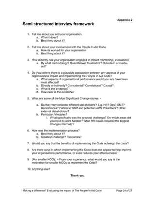 Appendix 2
Semi structured interview framework

   1. Tell me about you and your organisation.
          a. What it does?
          b. Best thing about it?

   2. Tell me about your involvement with the People In Aid Code
          a. How its worked for your organisation
          b. Best thing about it?

   3. How recently has your organisation engaged in impact monitoring / evaluation?
        a. By what methodology? Quantitative? Qualitative? Outside-in or inside-
            out?

   4. Do you believe there is a plausible association between any aspects of your
      organisational impact and implementing the People In Aid Code?
         a. What aspects of organisational performance would you say have been
             most affected?
         b. Directly or indirectly? Coincidental? Correlational? Causal?
         c. What is the evidence?
         d. How clear is the evidence?

   5. What are some of the Most Significant Change stories -

           a. Do they vary between different stakeholders? E.g. HR? Ops? SMT?
              Beneficiaries? Partners? Staff and potential staff? Volunteers? Other
              external stakeholders?
           b. Particular Principles?
                   i. What specifically was the greatest challenge? On which areas did
                      you have to work hardest? What HR issues required the biggest
                      changes internally?

   6. How was the implementation process?
        a. Best thing about it?
        b. Greatest challenge? Resources?

   7. Would you say that the benefits of implementing the Code outweigh the costs?

   8. Are there ways in which implementing the Code does not appear to help improve
      your organisations performance, or even reduces your effectiveness?

   9. (For smaller NGOs) – From your experience, what would you say is the
      motivation for smaller NGOs to implement the Code?

   10. Anything else?

                                         Thank you




Making a difference? Evaluating the impact of The People In Aid Code      Page 24 of 27
 