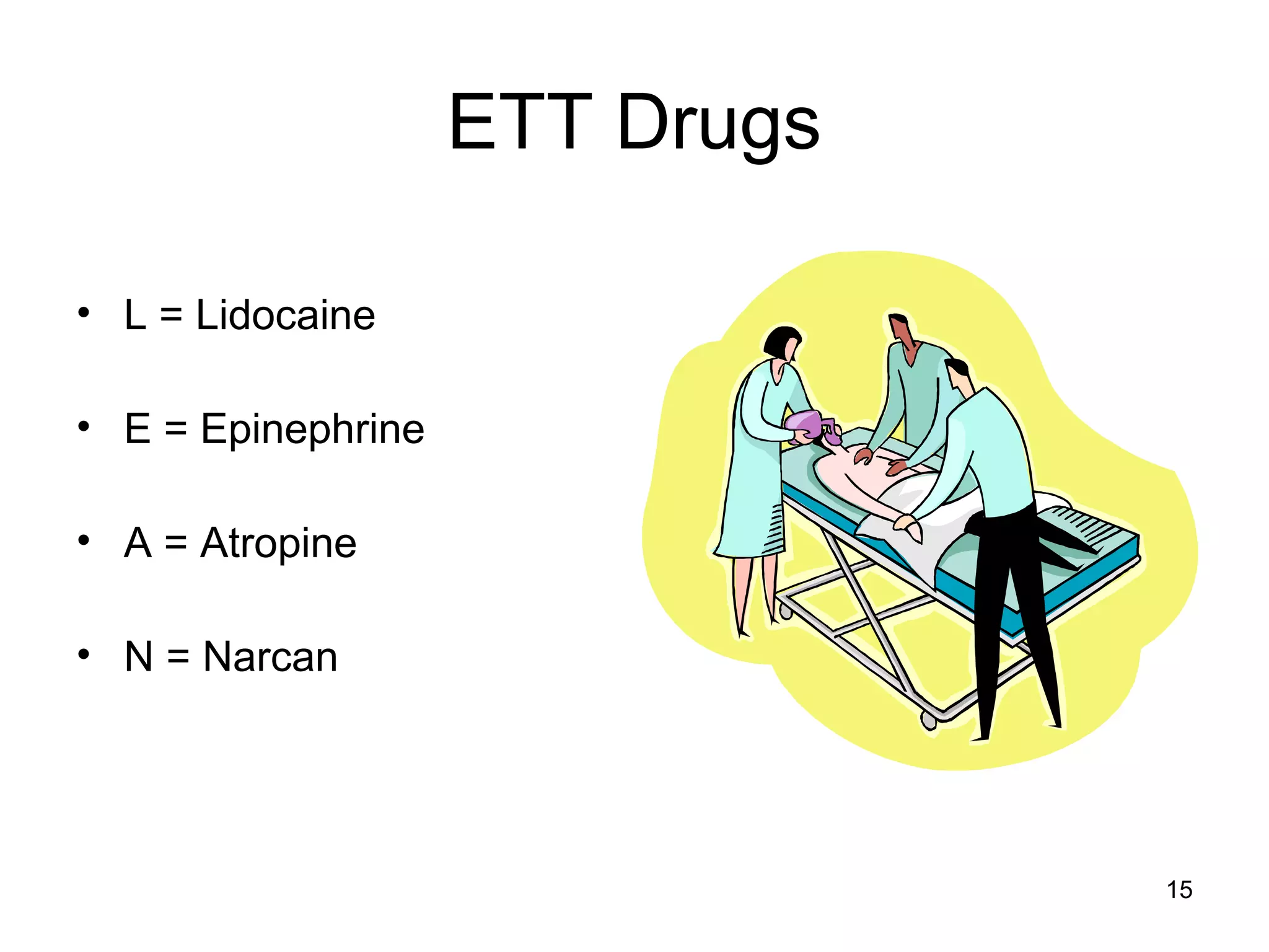 15
ETT Drugs
• L = Lidocaine
• E = Epinephrine
• A = Atropine
• N = Narcan
 