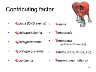14
Contributing factor
• Hypoxia (CNS events)
• Hypo/hyperkalemia
• Hypo/hyperthermia
• Hypo/hyperglycemia
• Hypovolemia
• Trauma
• Tamponade
• Thrombosis
– (pulmonary/coronary)
• Tablets (ODs, drugs, etc)
• Tension pneumothorax
 