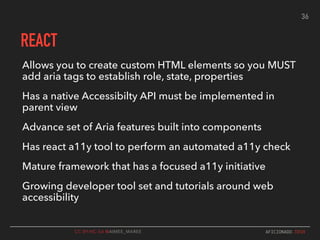 CC BY-NC-SA @AIMEE_MAREE AFICIONADO.TECH
REACT
Allows you to create custom HTML elements so you MUST
add aria tags to esta...