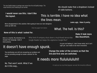 We're disappointed in this solution. We're going to have our own designers 
come up with one. 
Looks ugly. Make it pretty. 
What. The hell. Is this? 
Make it look more 
Here is a rewrite. My intention is to 
What kind of company shuts down a much-loved service like 
like SharePoint. sharpen the language, make it 
Google Reader but keeps the vegetative Google Plus? 
more precise. 
It doesn't have enough spunk. 
Change the order of the screens so that the 
3rd and first one are switched. 
It’s laid out too much like [popular service]. We should be different. 
The new Spotify design is perhaps even worse than the old Spotify design. The 
visual hierarchy and underlying IA are terrible. 
The wireframes are still not answering our problem and 
are not providing enough an easier solution for the 
page. 
No. That won’t work. What if we 
do it this way... 
It needs more flululululuh!! 
I would never use this. I don’t like 
the layout. 
We should make that a dropdown instead 
of radio buttons. 
None of this is what I asked for. 
This is terrible. I have no idea what 
the lines mean. 
I like the paper form better. 
I'm just not feeling it. I don't know what, but it isn't 
right yet. Just needs to be more innovative. 
 