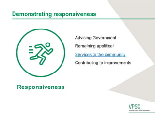 Demonstrating responsiveness
Advising Government
Remaining apolitical
Services to the community
Contributing to improvements
 
