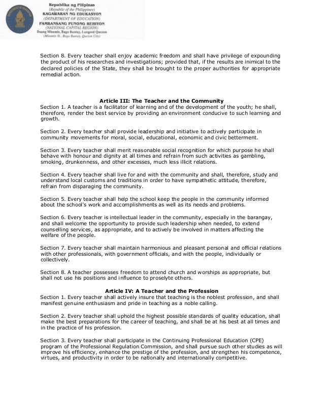 Code Of Ethics For Professional Teachers