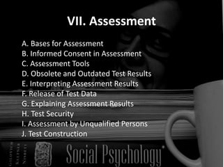 VII. Assessment
A. Bases for Assessment
B. Informed Consent in Assessment
C. Assessment Tools
D. Obsolete and Outdated Tes...