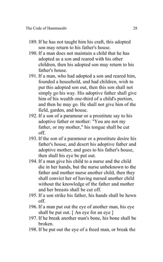 The Code of Hammurabi                                  28


 189. If he has not taught him his craft, this adopted
      son may return to his father's house.
 190. If a man does not maintain a child that he has
      adopted as a son and reared with his other
      children, then his adopted son may return to his
      father's house.
 191. If a man, who had adopted a son and reared him,
      founded a household, and had children, wish to
      put this adopted son out, then this son shall not
      simply go his way. His adoptive father shall give
      him of his wealth one-third of a child's portion,
      and then he may go. He shall not give him of the
      field, garden, and house.
 192. If a son of a paramour or a prostitute say to his
      adoptive father or mother: "You are not my
      father, or my mother," his tongue shall be cut
      off.
 193. If the son of a paramour or a prostitute desire his
      father's house, and desert his adoptive father and
      adoptive mother, and goes to his father's house,
      then shall his eye be put out.
 194. If a man give his child to a nurse and the child
      die in her hands, but the nurse unbeknown to the
      father and mother nurse another child, then they
      shall convict her of having nursed another child
      without the knowledge of the father and mother
      and her breasts shall be cut off.
 195. If a son strike his father, his hands shall be hewn
      off.
 196. If a man put out the eye of another man, his eye
      shall be put out. [ An eye for an eye ]
 197. If he break another man's bone, his bone shall be
      broken.
 198. If he put out the eye of a freed man, or break the
 