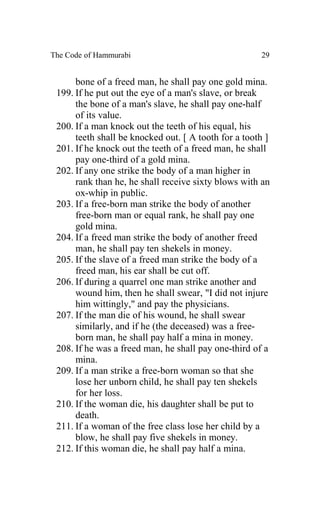 The Code of Hammurabi                                 29


      bone of a freed man, he shall pay one gold mina.
 199. If he put out the eye of a man's slave, or break
      the bone of a man's slave, he shall pay one-half
      of its value.
 200. If a man knock out the teeth of his equal, his
      teeth shall be knocked out. [ A tooth for a tooth ]
 201. If he knock out the teeth of a freed man, he shall
      pay one-third of a gold mina.
 202. If any one strike the body of a man higher in
      rank than he, he shall receive sixty blows with an
      ox-whip in public.
 203. If a free-born man strike the body of another
      free-born man or equal rank, he shall pay one
      gold mina.
 204. If a freed man strike the body of another freed
      man, he shall pay ten shekels in money.
 205. If the slave of a freed man strike the body of a
      freed man, his ear shall be cut off.
 206. If during a quarrel one man strike another and
      wound him, then he shall swear, "I did not injure
      him wittingly," and pay the physicians.
 207. If the man die of his wound, he shall swear
      similarly, and if he (the deceased) was a free-
      born man, he shall pay half a mina in money.
 208. If he was a freed man, he shall pay one-third of a
      mina.
 209. If a man strike a free-born woman so that she
      lose her unborn child, he shall pay ten shekels
      for her loss.
 210. If the woman die, his daughter shall be put to
      death.
 211. If a woman of the free class lose her child by a
      blow, he shall pay five shekels in money.
 212. If this woman die, he shall pay half a mina.
 