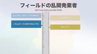 こんにちは。150フィールドの者です。
はじめまして!
いろんなケースに対応できるんですよ
ほんとうに?
don't use every possible fields
 