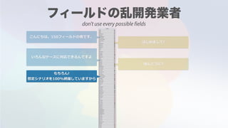 こんにちは。150フィールドの者です。
はじめまして!
いろんなケースに対応できるんですよ
ほんとうに?
もちろん!
想定シナリオを100%網羅していますから
don't use every possible fields
 