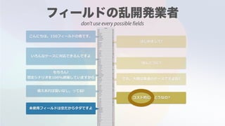 こんにちは。150フィールドの者です。
はじめまして!
いろんなケースに対応できるんですよ
ほんとうに?
もちろん!
想定シナリオを100%網羅していますから でも，⼤概は普通のケースですよね?
備えあれば憂いなし，ってね!
コスト的にはどうなの?
未使⽤フィールドは空だからタダですよ
don't use every possible fields
 