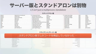 スタンドアロン版でしかコードを検証していなかった …
C/S isn't just a multiprocess standalone
 