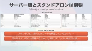 スタンドアロン版でしかコードを検証していなかった …
何が起きているのか理解するためにC/S版でデバッグと検証が必要 …
C/S isn't just a multiprocess standalone
 