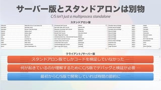 スタンドアロン版でしかコードを検証していなかった …
何が起きているのか理解するためにC/S版でデバッグと検証が必要 …
最初からC/S版で開発していれば時間の節約に
C/S isn't just a multiprocess standalone
 