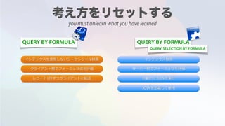 QUERY BY FORMULA QUERY BY FORMULA
インデックスを使⽤しないシーケンシャル検索 インデックス検索
サーバー側でフォーミュラを評価
⾃動的にJOINを実⾏
クライアント側でフォーミュラ式を評価
レコード1件ずつクライアントに転送
JOINを定義して使⽤
QUERY SELECTION BY FORMULA
you must unlearn what you have learned
 