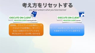 EXECUTE ON CLIENT EXECUTE ON CLIENT
REGISTER CLIENT(name;period) REGISTER CLIENT(name)
登録後，クライアントは定期的に，デ
フォルトでは2秒毎に，サーバー
あるいは別のクライアントから
呼び出されているか問い合わせる
サーバーは必要なときに実⾏リクエスト
を直接クライアントに送信する
you must unlearn what you have learned
 