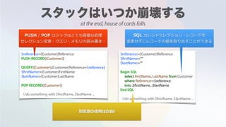 $reference:=[Customer]Reference
PUSH RECORD([Customer])
QUERY([Customer];[Customer]Reference=$reference)
$firstName:=[Customer]FirstName
$lastName:=[Customer]LastName
POP RECORD([Customer])
//do something with $firstName, $lastName ...
$reference:=[Customer]Reference
$firstName:=""
$lastName:=""
Begin SQL
select FirstName, LastName from Customer
where Reference=:$reference
into :$firstName, :$lastName
End SQL
//do something with $firstName, $lastName ...
PUSH / POP ロジックはとても⾼価な処理
セレクション変更・クエリ・メモリの読み書き…
SQL カレントセレクション・レコードを
変更せずにレコードの値を取り出すことができる
別⾔語の使⽤は⾃由!
at the end, house of cards falls
 