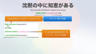ARRAY TEXT(<>arrayParameter;0)
While (Semaphore("parameters"))
IDLE
End while
APPEND TO ARRAY(<>arrayParameter;$newValue)
CLEAR SEMAPHORE("parameters")
"parameters" はグローバルセマフォ
"<>arrayParameters" は
インタープロセス変数
サーバー側で管理
the sounds of silence, respect you must
 