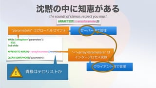ARRAY TEXT(<>arrayParameter;0)
While (Semaphore("parameters"))
IDLE
End while
APPEND TO ARRAY(<>arrayParameter;$newValue)
CLEAR SEMAPHORE("parameters")
貴様はテロリストか!
"parameters" はグローバルセマフォ
"<>arrayParameters" は
インタープロセス変数
サーバー側で管理
クライアント側で管理
the sounds of silence, respect you must
 