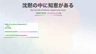 While (Semaphore("parameters"))
IDLE
End while
APPEND TO ARRAY(<>arrayParameter;$newValue)
CLEAR SEMAPHORE("parameters")
ARRAY TEXT(<>arrayParameter;0)
the sounds of silence, respect you must
 