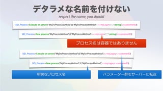 $ID_Process:=Execute on server("MySrvProcessMethod";0;"MySrvProcessMethod"+<>myLogin+"_"+string(<>customerID))
$ID_Process:=Execute on server("MySrvProcessMethod";0;"MySrvProcessMethod";<>myLogin;<>customerID)
$ID_Process:=New process("MyProcessMethod";0;"MyProcessMethod"+<>myLogin+"_"+string(<>customerID))
プロセス名は容器ではありません
$ID_Process:=New process("MyProcessMethod";0;"MyProcessMethod";<>myLogin;<>customerID)
パラメーター群をサーバーに転送明快なプロセス名
respect the name, you should
 