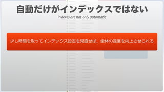 ポップアップをクリックして
インデックスの種類を選択
少し時間を取ってインデックス設定を⾒直せば，全体の速度を向上させられる
indexes are not only automatic
 