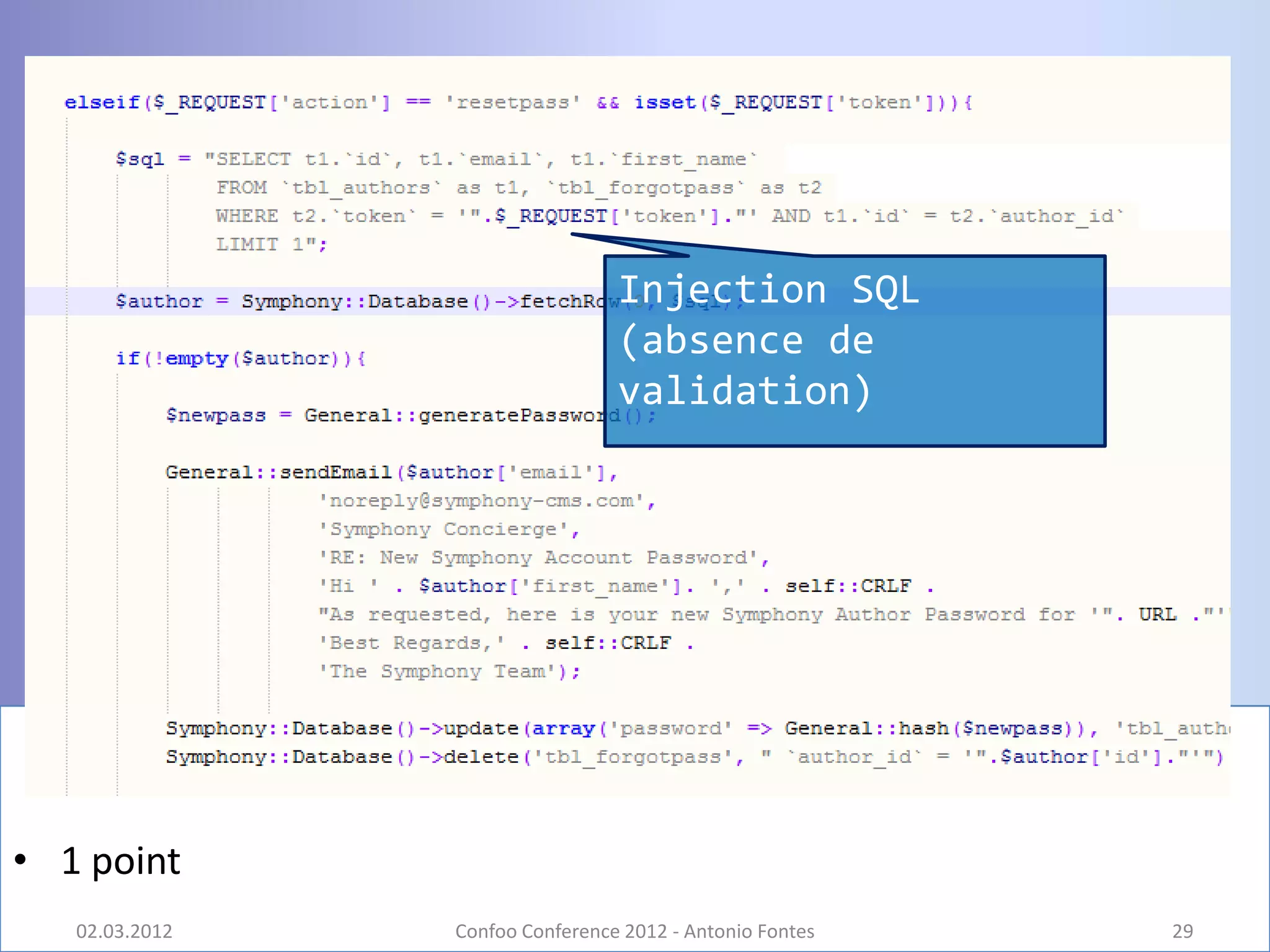 Injection SQL
                                 (absence de
                                 validation)




• 1 point
   02.03.2012   Confoo Conference 2012 - Antonio Fontes   29
 