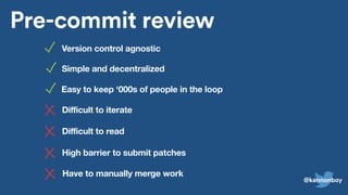 Pull requests
Post-commit review
Pre-commit review
master
for/master
Staging area
Pre-commit review
Version control agnostic
Difficult to read
High barrier to submit patches
Simple and decentralized
Difficult to iterate
Easy to keep ‘000s of people in the loop
Have to manually merge work
@kannonboy
 