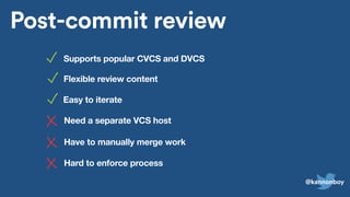 Post-commit review
Post-commit review
Supports popular CVCS and DVCS
Have to manually merge work
Flexible review content
Need a separate VCS host
Easy to iterate
Hard to enforce process
@kannonboy
 