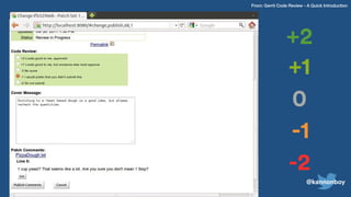 From: Gerrit Code Review - A Quick Introduction
+2
+1
0
-1
-2
@kannonboy
 