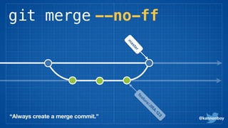git merge --no-ff
@kannonboy
m
asterfeature/JIRA-123
“Always create a merge commit.”
 