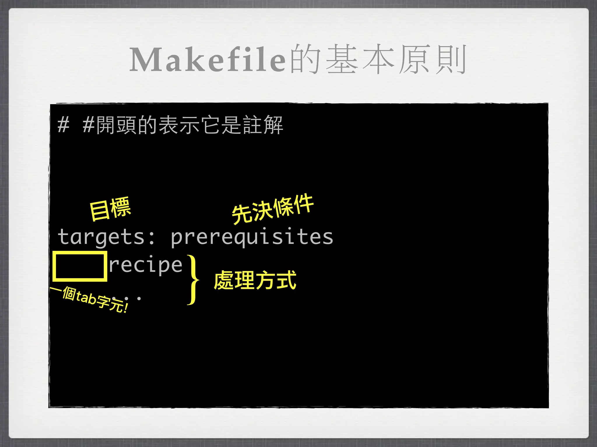 Makefile的基本原則
# #開頭的表示它是註解



     目標        先 決條件
 targets: prerequisites

一個
   tab字...
      !元
            }
       recipe
              處理方式
 