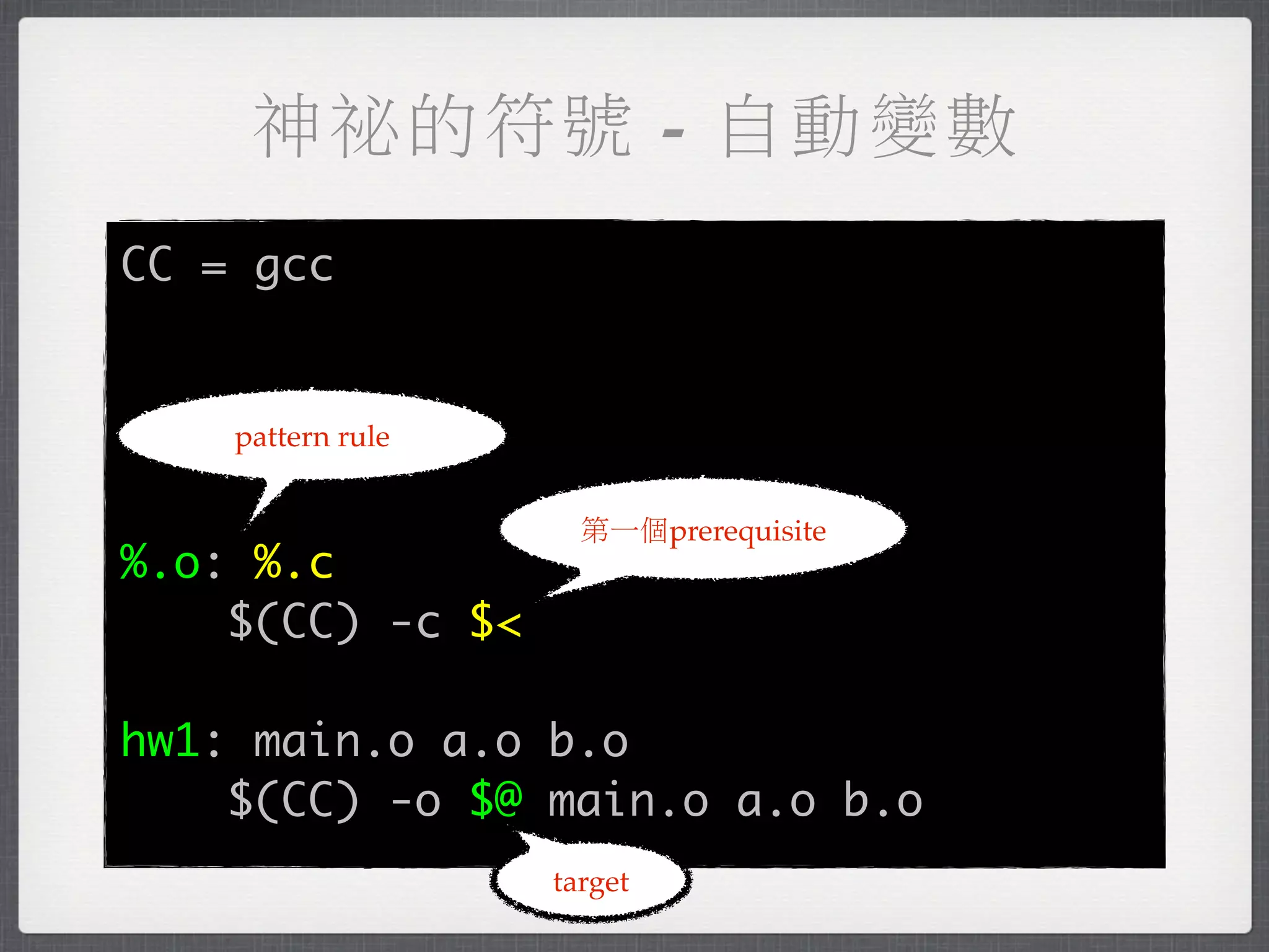 神祕的符號 - 自動變數
CC = gcc


    pattern rule


                     第一個prerequisite
%.o: %.c
    $(CC) -c $<

hw1: main.o a.o b.o
    $(CC) -o $@ main.o a.o b.o
                   target
 