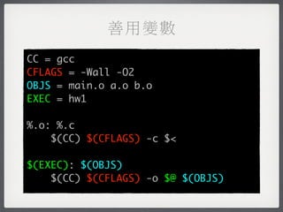 善用變數
CC = gcc
CFLAGS = -Wall -O2
OBJS = main.o a.o b.o
EXEC = hw1

%.o: %.c
    $(CC) $(CFLAGS) -c $<

$(EXEC): $(OBJS)
    $(CC) $(CFLAGS) -o $@ $(OBJS)
 