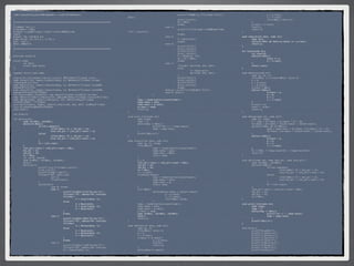 /*¶®•§jæ«∏Í∞T§uµ{æ«®t98Ø≈§AØZ≤¶•…¨u æ«∏π°GF74942294*/                           *        *           *         *         printf("•H%dß@¨∞∞_¬I™∫Linked list°G",    *      *           p = p->next;
                                                                                 data);                                                                            *      *           t = t->next;
/                                                                                *        *            *         *         print_list(h1);                         *      *           if(t==NULL) return h;
******************************************************************************   *        *            *         *         h1 = NULL;                              *      }
*                                                                                *        *            *         *         break;                                  *      p->next = t->next;
FileName: hw7_s.c                                                                *        *            *         case 4:                                           *      free(t);
Programmer: CrBoy                                                                *        *            *         *         printf("•ÿ´e™∫Linked list¶@¶≥%d≠”node   *      return h;
Purpose: ≥–≥y§@≠”singly linked list®√∞ı¶Ê¶U∫ÿ•Ø‡                                °Cn",   Count(h));                                                               }
Input:                                                                           *        *            *         *         break;
Output: the standard out                                                         *        *            *         case 5:                                           node *Search(int data, node *h){
Compilation: gcc hw7_s.c -o hw7_s                                                *        *            *         *         h = Reverse(h);                         !       node *p=h;
Run: ./hw7_s                                                                     *        *            *         *         break;                                  !       while(p!=NULL && data!=p->data)! p = p->next;
Date: 2006/1/8                                                                   *        *            *         case 6:                                           !       return p;
/                                                                                *        *            *         *         printf("h1°G");                         }
******************************************************************************   *        *            *         *         print_list(h1);
/                                                                                *        *            *         *         printf("h2°G");                         int Count(node *h){
                                                                                 *        *            *         *         print_list(h2);                         !       int count=0;
#include <stdio.h>                                                               *        *            *         *         h = Merge(h1, h2);                      !       while(h!=NULL){
                                                                                 *        *            *         *         h1 = h2 = NULL;                         !      !             count += 1;
struct node{                                                                     *        *            *         *         break;                                  !      !             h = h->next;
*       int data;                                                                *        *            *         case 7:                                           !       }
*       struct node *next;                                                       *        *            *         *         if(order) Split(&h, &h1, &h2);          !       return count;
};                                                                               *        *            *         *         else{                                   }
                                                                                 *        *            *         *         *         h = Reverse(h);
typedef struct node node;                                                        *        *            *         *         *         Split(&h, &h1, &h2);          node *Reverse(node *h){
                                                                                 *        *            *         *         }                                       *       node *a, *b, *c;
void print_list(node*);/*print_list(h); ¶C¶L•Hh∂}¿Y™∫linked list*/               *        *            *         *         printf("h1°G");                         *       if(h==NULL || h->next==NULL) return h;
node *Insert(int, node*);/*Insert(data, h); ¶b•Hh∂}¿Y™∫linked list§§¥            *        *            *         *         print_list(h1);                         *       a = h;
°§Jdata®√¶^∂«∑s™∫h*/                                                             *        *            *         *         printf("h2°G");                         *       b = a->next;
node *Delete(int, node*);/*Delete(data, h); ¶b•Hh∂}¿Y™∫linked list§§ßR∞          *        *            *         *         print_list(h2);                         *       c = b->next;
£data®√¶^∂«∑s™∫h*/                                                               *        *            *         *         break;                                  *       a->next = NULL;
node *Search(int, node*);/*Search(data, h); ¶b•Hh∂}¿Y™∫linked list§§¥Mß          *        *            *         default: printf("±z™∫øÈ§J¶≥ª~°In");              !       while(c!=NULL){
‰data®√∂«¶^data©“¶b™∫¶Ï∏m*/                                                      *        *            *         case 8: help();                                   !      !             b->next = a;
int Count(node*);/*Count(h); ≠p∫‚•Hh∂}¿Y™∫linked list§§™∫∏`¬I≠”º∆*/              *        *            }                                                           !      !             a = b;
node *Reverse(node*);/*Reverse(h); §œß«±∆¶C•Hh∂}¿Y™∫linked list®√∂«¶^∑s™∫h*/     *         }                                                                       !      !             b = c;
node *Merge(node*, node*);/*Merge(h1, h2); ¶X®÷h1ªPh2≥o2≠”linked                 !         temp = (node*)malloc(sizeof(node));                                     !      !             c = c->next;
list®√¶^∂«¶X®÷´·™∫™∫head*/                                                       !         temp->data = data;                                                      !       }
void Split(node**, node**, node**);/*Split(&h, &h1, &h2); §¿≥Œh≥o≠”linked        !         temp->next = p->next;                                                   *       b->next = a;
list¨∞©_∞∏º∆®√§¿ßO¶s®Ïh1ªPh2§§*/                                                 !         p->next = temp;                                                         *       order = !order;
void help();                                                                     *         return 0;                                                               *       return b;
                                                                                 }                                                                                 }
int order=1;
                                                                                 void print_list(node *h){                                                         node *Merge(node *h1, node *h2){
int main(void){                                                                  *       node *temp;                                                               *       node *h, *temp;
!       node *h1=NULL, *h2=NULL;                                                 *       temp = h;                                                                 *       h = temp = h1->data < h2->data ? h1 : h2;
!       while(*h!=NULL){                                                         *       while(temp != NULL){                                                      *       h1->data < h2->data ? (h1=h1->next) : (h2=h2->next);
!      !            if((*h)->data%2){                                            *      *            printf("%d -> ", temp->data);                                 *       while(h1!=NULL && h2!=NULL){
!      !            !         if(h1==NULL) h1 = *h1_ptr = *h;                    *      *            temp = temp->next;                                            *      *            temp = temp->next = h1->data < h2->data ? h1 : h2;
!      !            !         else *h1_ptr = (*h1_ptr)->next = *h;               *       }                                                                         *      *            h1->data < h2->data ? (h1=h1->next) : (h2=h2->next);
!      !            }else{                                                       *       printf("NULLn");                                                         *       }
!      !            !         if(h2==NULL) h2 = *h2_ptr = *h;                    }                                                                                 !       while(c!=NULL){
!      !            !         else *h2_ptr = (*h2_ptr)->next = *h;                                                                                                 !      !            b->next = a;
!      !            }                                                            node *Insert(int data, node *h){                                                  !      !            a = b;
!      !            *h = (*h)->next;                                             *       node *p, *t, *temp;                                                       !      !            b = c;
!       }                                                                        *       if(h==NULL){                                                              !      !            c = c->next;
!       (*h1_ptr)->next = (*h2_ptr)->next = NULL;                                *      *             temp = (node*)malloc(sizeof(node));                          !       }
!       *h1_ptr = h1;                                                            *      *             temp->data = data;                                           *       h2 == NULL ? (temp->next=h1) : (temp->next=h2);
!       *h2_ptr = h2;                                                            *      *             temp->next = NULL;                                           *       return h;
!       *h = NULL;                                                               *      *             return temp;                                                 }
*       int sel=8, data=0;                                                       *       }
*       node *h=NULL, *h1=NULL, *h2=NULL;                                        *       p = h;                                                                    void Split(node **h, node **h1_ptr, node **h2_ptr){
*       help();                                                                  !       (*h1_ptr)->next = (*h2_ptr)->next = NULL;                                 *       node *h1=NULL, *h2=NULL;
*       while(sel){                                                              !       *h1_ptr = h1;                                                             *       while(*h!=NULL){
*      *            printf("n•ÿ´e™∫Linked list°G");                             !       *h2_ptr = h2;                                                             *      *            if((*h)->data%2){
*      *            print_list(h);                                               !       *h = NULL;                                                                *      *            *         if(h1==NULL) h1 = *h1_ptr = *h;
*      *            printf("Ω–øÔæ‹•Ø‡°G");                                     *       t = h->next;                                                              *      *            *         else *h1_ptr = (*h1_ptr)->next = *h;
*      *            if(scanf("%d", &sel)==0){                                    *       if(data<p->data){                                                         *      *            }else{
*      *            *         sel=-1;                                            *      *             temp = (node*)malloc(sizeof(node));                          *      *            *         if(h2==NULL) h2 = *h2_ptr = *h;
*      *            *         fflush(stdin);                                     *      *             temp->data = data;                                           *      *            *         else *h2_ptr = (*h2_ptr)->next = *h;
*      *            }                                                            *      *             temp->next = p;                                              *      *            }
*      *            switch(sel){                                                 *      *             return temp;                                                 *      *            *h = (*h)->next;
*      *            *         case 0: break;                                     *       }                                                                         *       }
!      !            !         case 1:                                            *       if(t!=NULL)                                                               *       (*h1_ptr)->next = (*h2_ptr)->next = NULL;
!      !            !         !         printf("Ω–øÈ§J±˝¥°§J™∫æ„º∆≠»°G");        *      *             while(data<p->data || data>t->data){                         *       *h1_ptr = h1;
!      !            !         !         if(scanf("%d", &data)==0) continue;      *      *            *          p = p->next;                                       *       *h2_ptr = h2;
!      !            !         !         if(order)                                *      *            *          t = t->next;                                       *       *h = NULL;
!      !            !         !         !         h = Insert(data, h);           *      *            *          if(t==NULL) break;                                 }
!      !            !         !         else{                                    *      *             }
!      !            !         !         !         h = Reverse(h);                *       temp = (node*)malloc(sizeof(node));                                       void print_list(node *h){
!      !            !         !         !         h = Insert(data, h);           *       temp->data = data;                                                        !       node *temp;
!      !            !         !         !         h = Reverse(h);                *       temp->next = p->next;                                                     !       temp = h;
!      !            !         !         }                                        *       p->next = temp;                                                           !       while(temp != NULL){
!      !            !         !         break;                                   !       node *h=NULL, *h1=NULL, *h2=NULL;                                         !      !            printf("%d -> ", temp->data);
!      !            !         case 2:                                            !       help();                                                                   !      !            temp = temp->next;
!      !            !         !         printf("Ω–øÈ§J±˝ßR∞£™∫æ„º∆≠»°G");        *       return h;                                                                 !       }
!      !            !         !         if(scanf("%d", &data)==0) continue;      }                                                                                 !       printf("NULLn");
!      !            !         !         if(order)                                                                                                                  }
!      !            !         !         !         h = Delete(data, h);           node *Delete(int data, node *h){
!      !            !         !         else{                                    *       node *p, *t;                                                              void help(){
!      !            !         !         !         h = Reverse(h);                *       if(h==NULL) return h;                                                     *       printf("0.µ≤ßÙn");
!      !            !         !         !         h = Delete(data, h);           *       p = h;                                                                    *       printf("1.Insertn");
!      !            !         !         !         h = Reverse(h);                *       t = h->next;                                                              *       printf("2.Deleten");
!      !            !         !         }                                        *       if(data == p->data){                                                      *       printf("3.Searchn");
!      !            !         !         break;                                   *      *             p = p->next;                                                 *       printf("4.Countn");
*      *            *         case 3:                                            *      *             free(h);                                                     *       printf("5.Reversen");
*      *            *         *         printf("Ω–øÈ§J±˝∑j¥M™∫æ„º∆≠»°G");        *      *             return p;                                                    *       printf("6.Mergen");
*      *            *         *         if(scanf("%d", &data)==0) continue;      *       }                                                                         *       printf("7.Splitn");
*      *            *         *         h1 = Search(data, h);                    *       while(data!=t->data){                                                     *       printf("8.helpn");
 