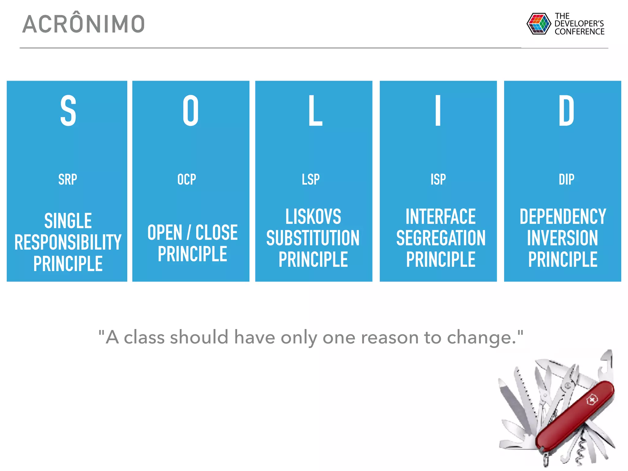 S O L I D
SINGLE
RESPONSIBILITY
PRINCIPLE
OPEN / CLOSE
PRINCIPLE
LISKOVS
SUBSTITUTION
PRINCIPLE
INTERFACE
SEGREGATION
PRINCIPLE
DEPENDENCY
INVERSION
PRINCIPLE
SRP OCP LSP ISP DIP
O
"A class should have only one reason to change."
ACRÔNIMO
 