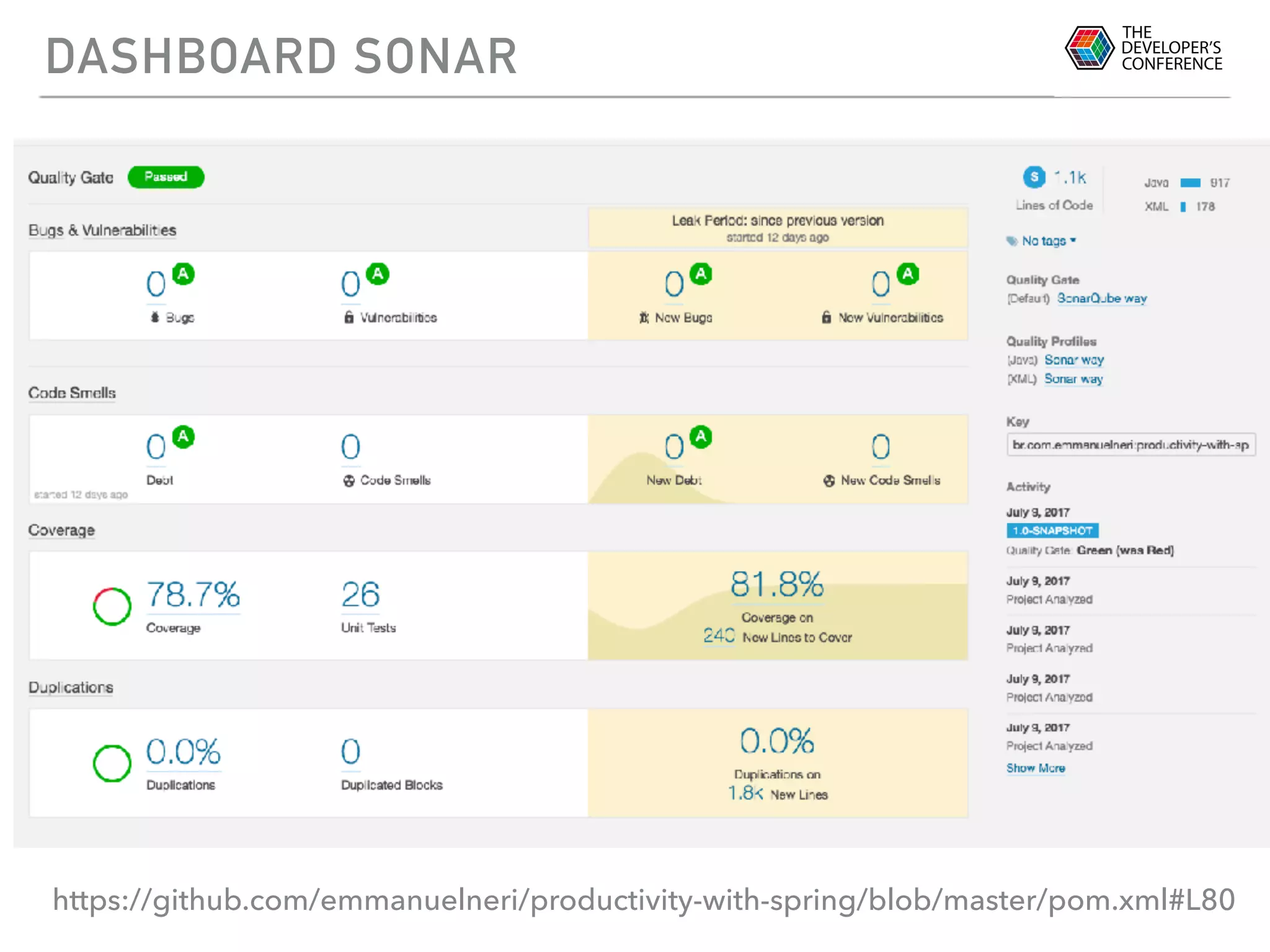 DASHBOARD SONAR
https://github.com/emmanuelneri/productivity-with-spring/blob/master/pom.xml#L80
 