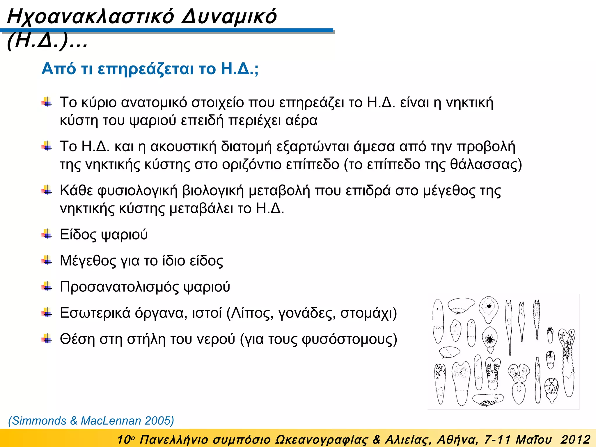 Ηχοανακλαστικό Δυναμικό
(Η.Δ.)…
10ο
Πανελλήνιο συμπόσιο Ωκεανογραφίας & Αλιείας, Αθήνα, 7-11 Μαΐου 2012
Το κύριο ανατομικό στοιχείο που επηρεάζει το Η.Δ. είναι η νηκτική
κύστη του ψαριού επειδή περιέχει αέρα
Το Η.Δ. και η ακουστική διατομή εξαρτώνται άμεσα από την προβολή
της νηκτικής κύστης στο οριζόντιο επίπεδο (το επίπεδο της θάλασσας)
Κάθε φυσιολογική βιολογική μεταβολή που επιδρά στο μέγεθος της
νηκτικής κύστης μεταβάλει το Η.Δ.
Είδος ψαριού
Μέγεθος για το ίδιο είδος
Προσανατολισμός ψαριού
Εσωτερικά όργανα, ιστοί (Λίπος, γονάδες, στομάχι)
Θέση στη στήλη του νερού (για τους φυσόστομους)
(Simmonds & MacLennan 2005)
Από τι επηρεάζεται το Η.Δ.;
 