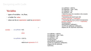 Designing with Code
                                                                             int myWidth = (320*2);
                                                                             int myHeight = (240 + 240);
  Variables                                                                  int mySquare = 60;
                                                                             int myCircle = 60;
                                                                             //show the value of a variable in the console
  •   types of variables - int, ﬂoat,                                        println(myCircle);
  •   a holder for value                                                     //sometimes you need more info
                                                                             println("myCircle" + myCircle);
  •   value can be an expression used as parameters                          // formatting like this is called concatenation
                                                                             println("myCircle" + "" + " — " + myCircle);
                                                                             background(0);
                                                                             size(myWidth, myHeight );
                                                                             rect(30, 30, mySquare, mySquare);
                                                                             ellipse(130, 60, myCircle, myCircle);




                                                      int myWidth = (320*2);
                                                      int myHeight = (240 + 240);
                                                      int mySquare = 60;
                                                      int myCircle = 60;
                                                      background(0);
                                                      size(myWidth, myHeight );
                                                      rect(30, 30, mySquare, mySquare);
                                                      ellipse(130, 60, myCircle,
                                                      myCircle);
 