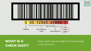 WHAT IS A
CHECK DIGIT?
Check digit is the last digit of all fixed-length
to identify errors
 