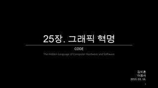 25장. 그래픽 혁명
                       CODE
The Hidden Language of Computer Hardware and Software




                                                             김지훈
                                                             아꿈사
                                                        2013. 03. 16.
                                                                    1
 